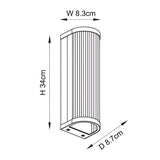 Line drawing of the Rothbury 2 Light Wall Light in antique brass with ribbed glass diffuser, showing dimensions H34cm, W8.3cm, D8.7cm.