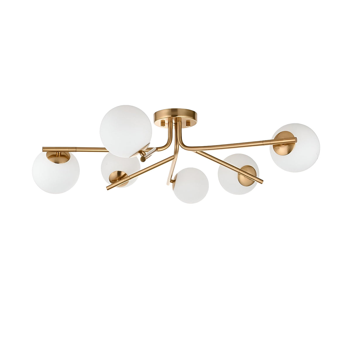 Grantham 6 Light Semi-Flush Ceiling Light in aged brass, with six angled arms holding round white glass globe shades, shown on a plain white background.