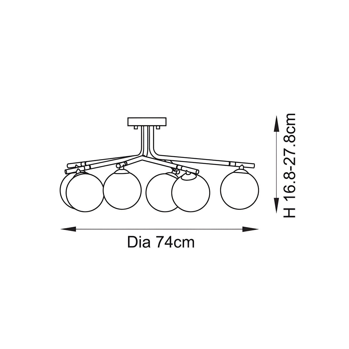 Line drawing of the Grantham 6-light semi-flush ceiling light with globe glass shades on splayed arms, 74cm diameter, 16.8-27.8cm height.