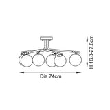 Line drawing of the Grantham 6-light semi-flush ceiling light with globe glass shades on splayed arms, 74cm diameter, 16.8-27.8cm height.