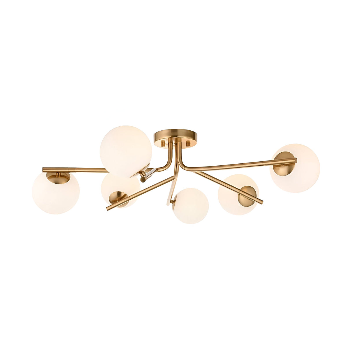 Grantham 6 Light Semi-Flush Ceiling Light in aged brass with branching arms and six white glass globe shades, shown on a plain white background.