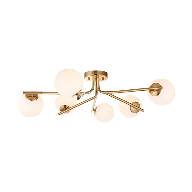 Grantham 6 Light Semi-Flush Ceiling Light in aged brass with branching arms and six white glass globe shades, shown on a plain white background.