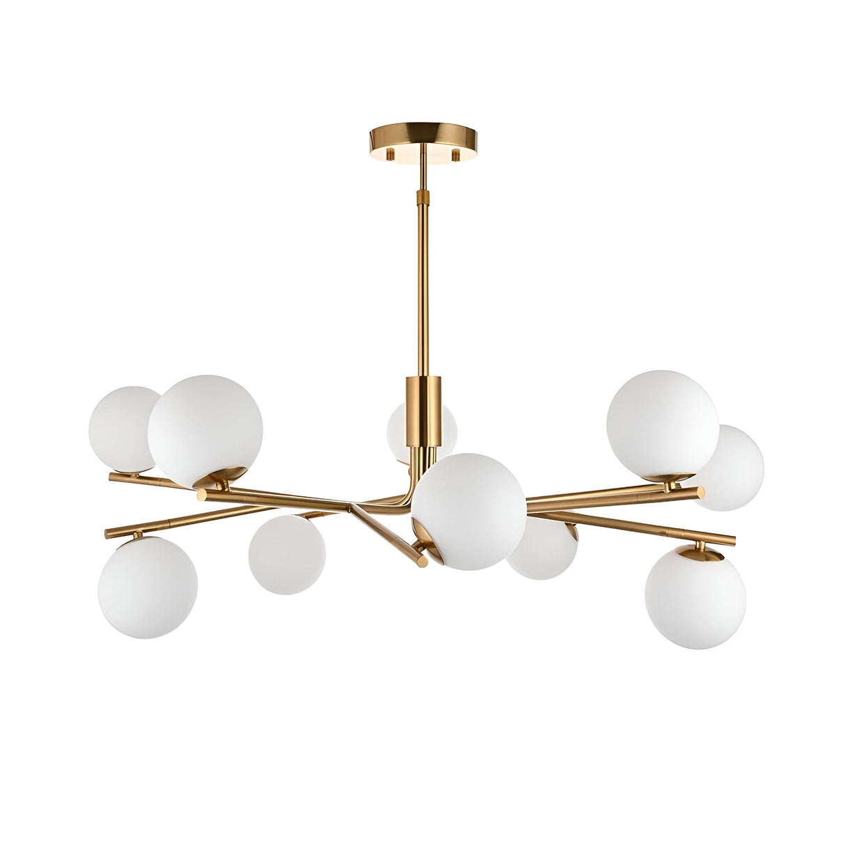 Grantham 10 Light Pendant in brushed aged brass, with ten matt opal glass spheres on angled arms around a telescopic stem, shown on a plain white background.