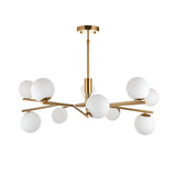 Grantham 10 Light Pendant in brushed aged brass, with ten matt opal glass spheres on angled arms around a telescopic stem, shown on a plain white background.
