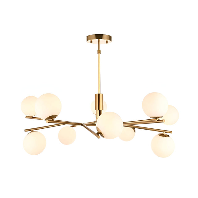 Grantham 10 Light Pendant in brushed brass metal, with matt opal glass globes on angled arms around a central stem, shown on a plain white background.