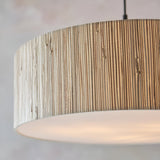 Endon Salcombe 3 Light Pendant close-up showing the cylindrical woven natural seagrass shade, white fabric diffuser below, and matt black cable.