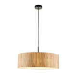 Endon Salcombe 3 light pendant with a woven natural seagrass drum shade, matt black ceiling cup and cable, shown on a plain white background.
