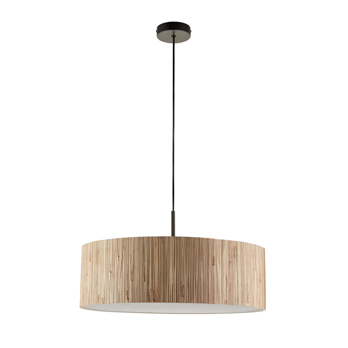 Endon Salcombe 3 light pendant with woven natural seagrass drum shade and matt black ceiling fitting and cable on a white background.