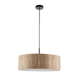 Endon Salcombe 3 light pendant with woven natural seagrass drum shade and matt black ceiling fitting and cable on a white background.