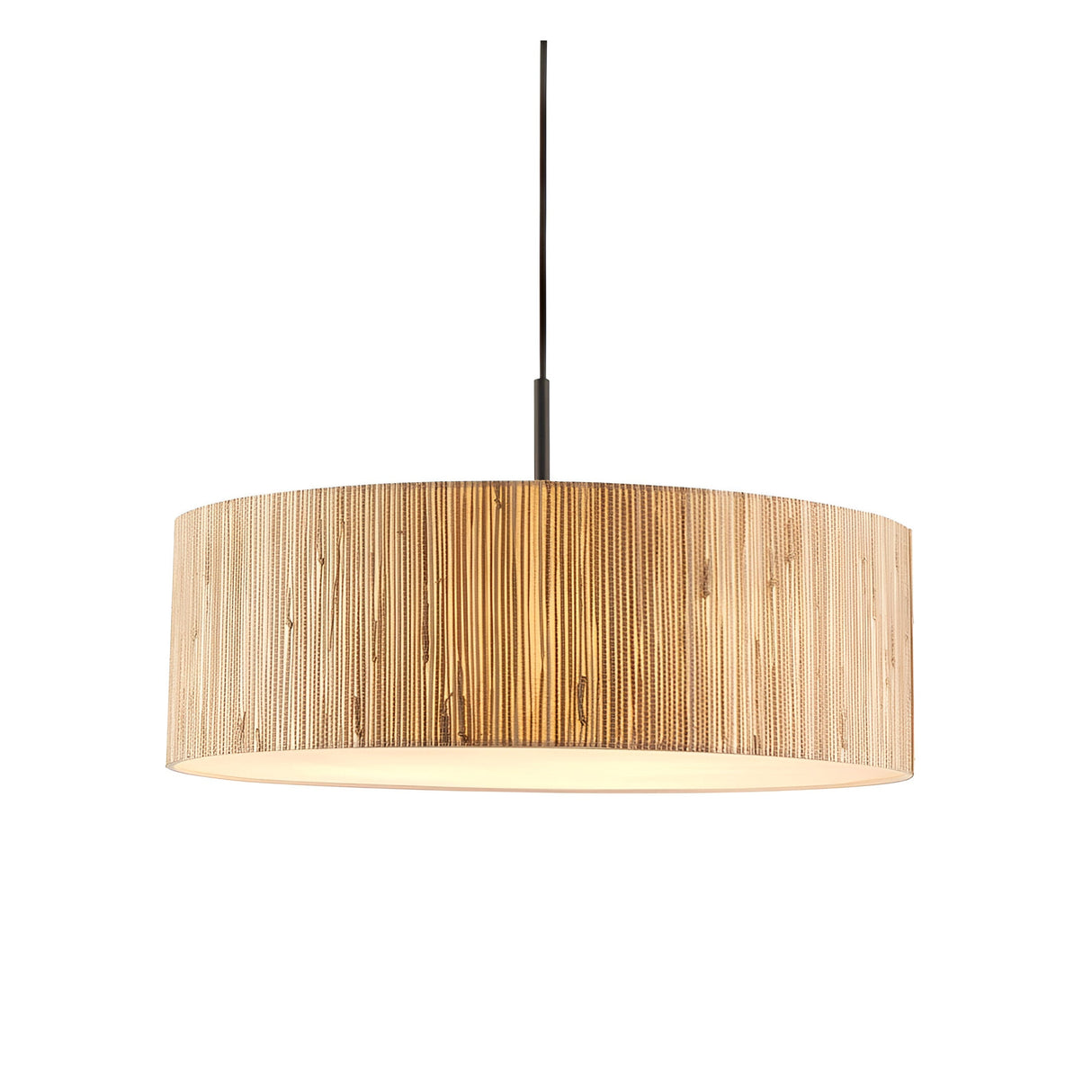 Endon Salcombe 3 light pendant with a cylindrical woven natural seagrass shade, fabric diffuser and matt black cable, shown on a white background.