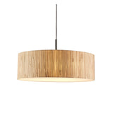 Endon Salcombe 3 light pendant with a cylindrical woven natural seagrass shade, fabric diffuser and matt black cable, shown on a white background.