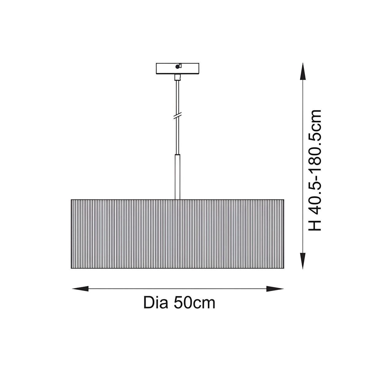 Dimension diagram of Endon Salcombe 3 Light Pendant showing 50cm diameter drum shade and adjustable drop height of 40.5–180.5cm.