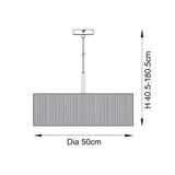 Dimension diagram of Endon Salcombe 3 Light Pendant showing 50cm diameter drum shade and adjustable drop height of 40.5–180.5cm.