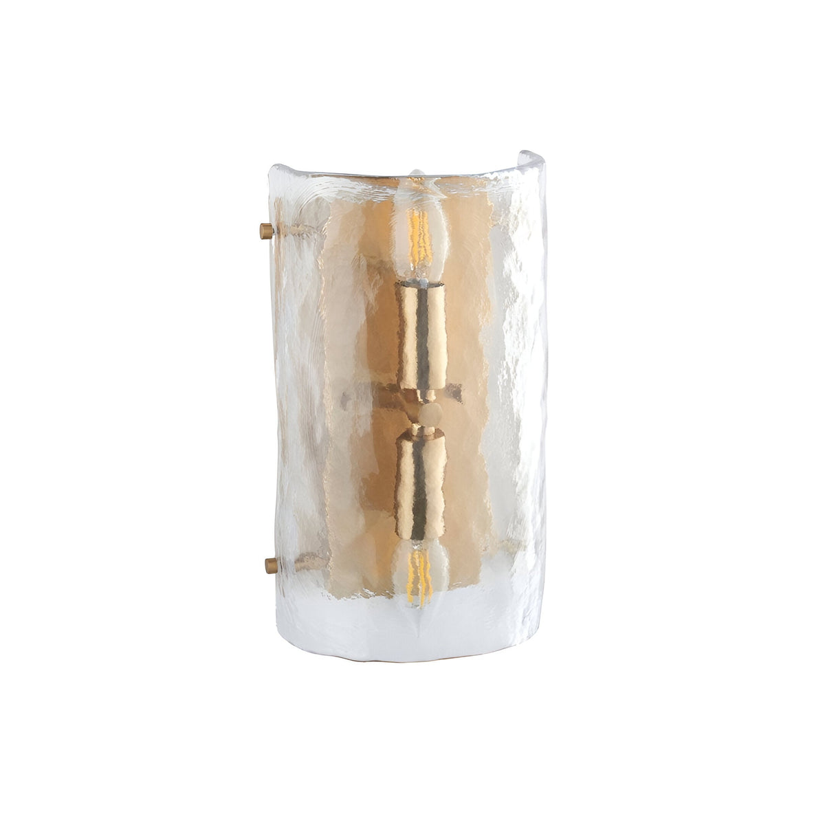 Endon Brockmont 2 light wall light with curved handmade textured glass panel and brushed aged brass metalwork, shown on a plain white background.