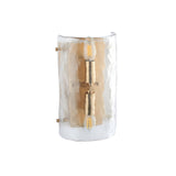 Endon Brockmont 2 light wall light with curved handmade textured glass panel and brushed aged brass metalwork, shown on a plain white background.