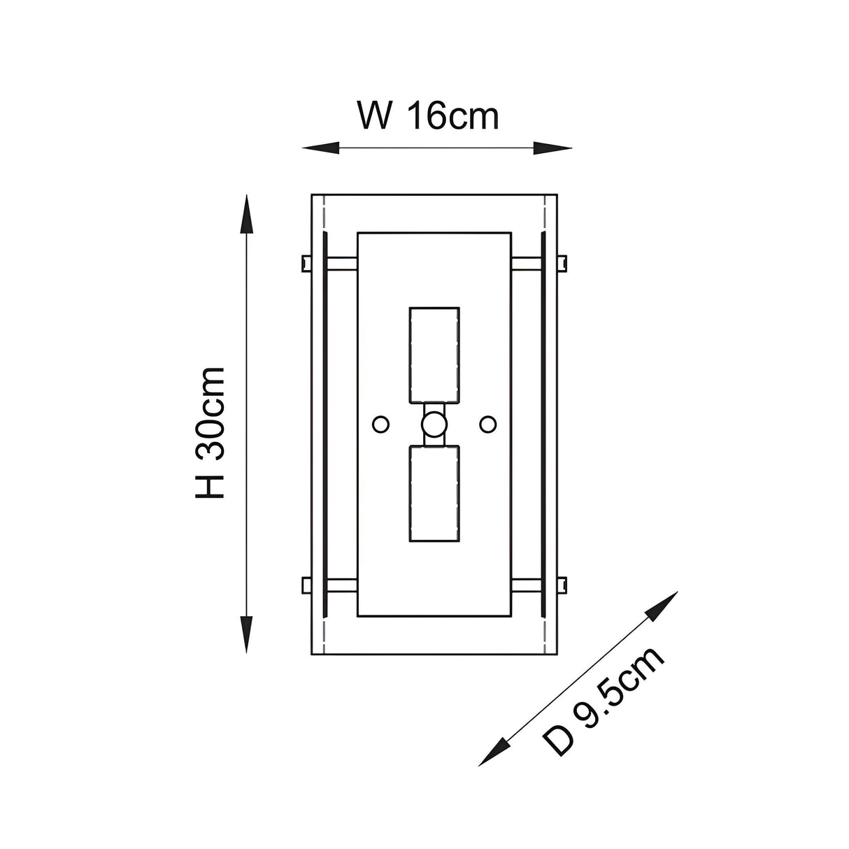 Dimension diagram of the Endon Brockmont 2 Light Wall Light in brass, showing height 30cm, width 16cm and depth 9.5cm on a white background.