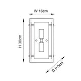 Dimension diagram of the Endon Brockmont 2 Light Wall Light in brass, showing height 30cm, width 16cm and depth 9.5cm on a white background.