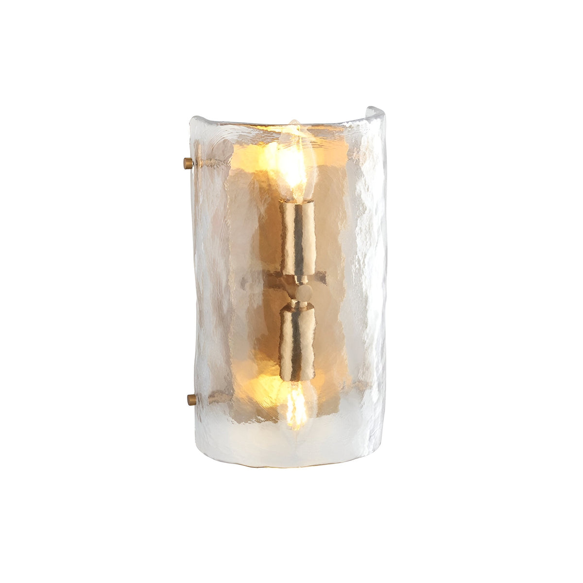 Endon Brockmont 2 light wall light with a curved handmade textured glass panel and brushed aged brass metalwork, shown lit on a white background.