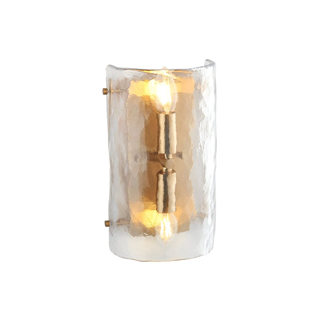 Endon Brockmont 2 light wall light with a curved handmade textured glass panel and brushed aged brass metalwork, shown lit on a white background.