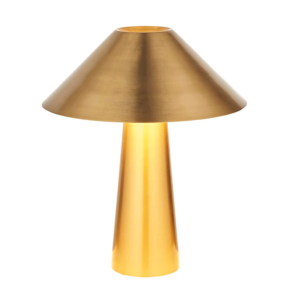 Endon Brockbourne table lamp in brushed antique brass, with a wide conical shade and tapered cylindrical base, shown on a plain white background.