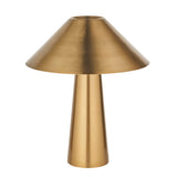 Endon Brockbourne table lamp in brushed antique brass with a wide conical shade and tapered cylindrical base, shown on a plain white background.