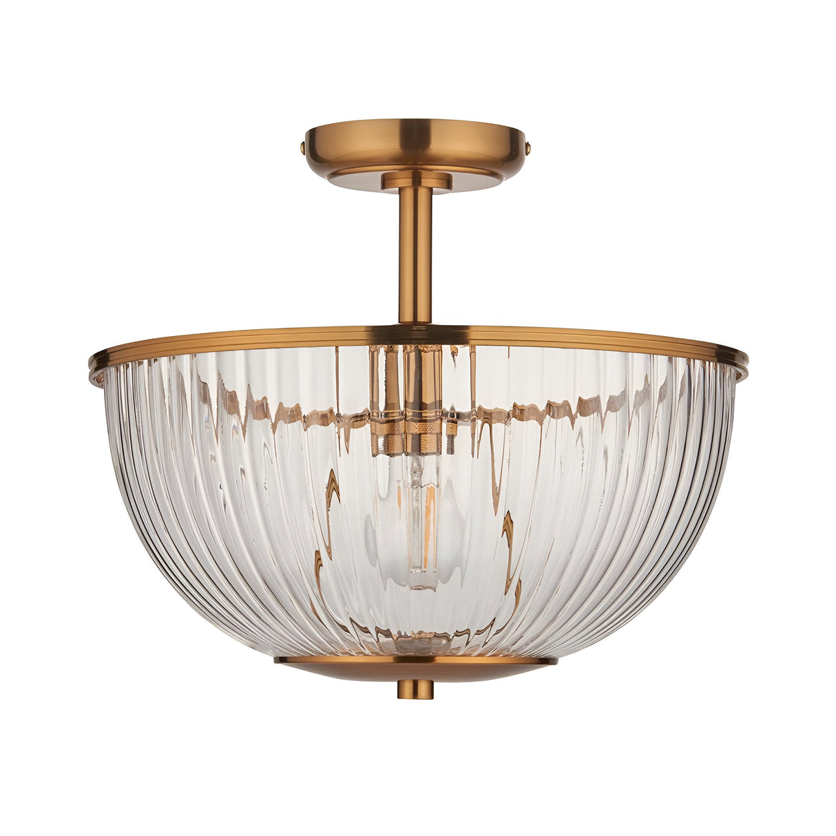 Endon Langton flush uplighter with ribbed clear glass bowl diffuser and brass fittings, single E27 lamp, shown on a plain white background.
