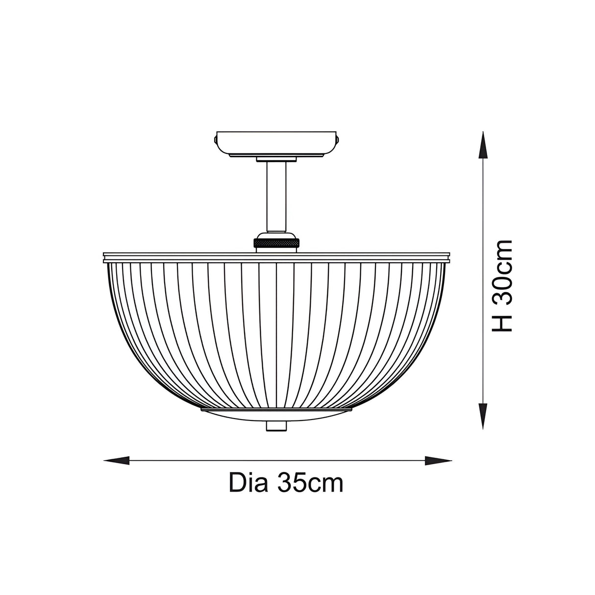 Dimensions diagram of the Endon Langton brass flush uplighter showing a 35cm diameter dome shade and 30cm height on a white background.