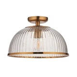Langton Flush Downlight in brass with a ribbed glass dome shade and brass trim, single E27 lamp fitting, shown on a plain white background.