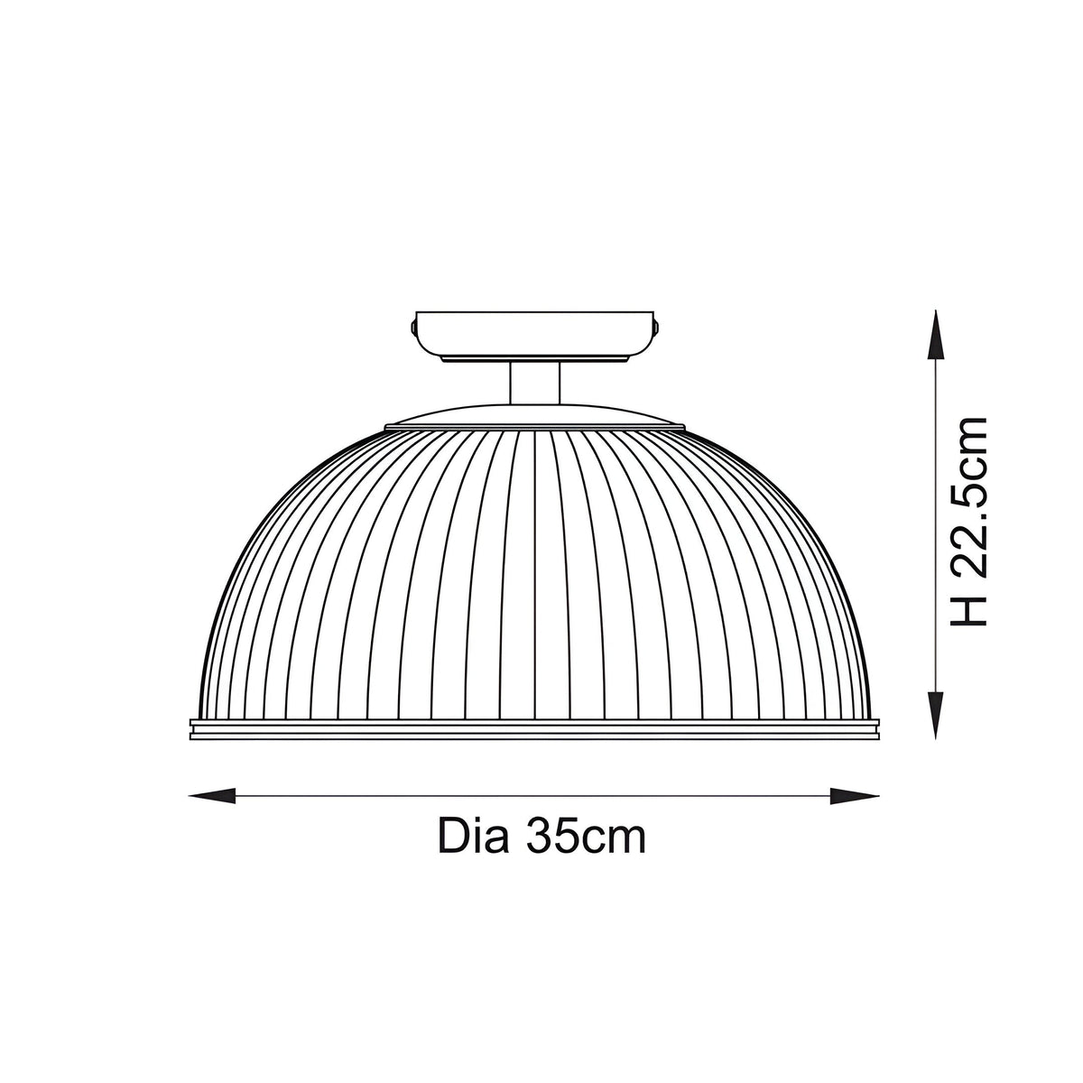 Line drawing of the Langton Flush Downlight in brass, showing a ribbed dome shade with ceiling mount, 35cm diameter and 22.5cm height, on a white background.