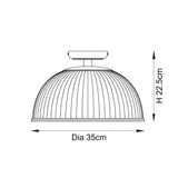 Line drawing of the Langton Flush Downlight in brass, showing a ribbed dome shade with ceiling mount, 35cm diameter and 22.5cm height, on a white background.