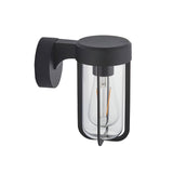 Caldwell Wall Light in matt black aluminium with a cylindrical clear glass shade exposing an E27 bulb, shown on a plain white background.
