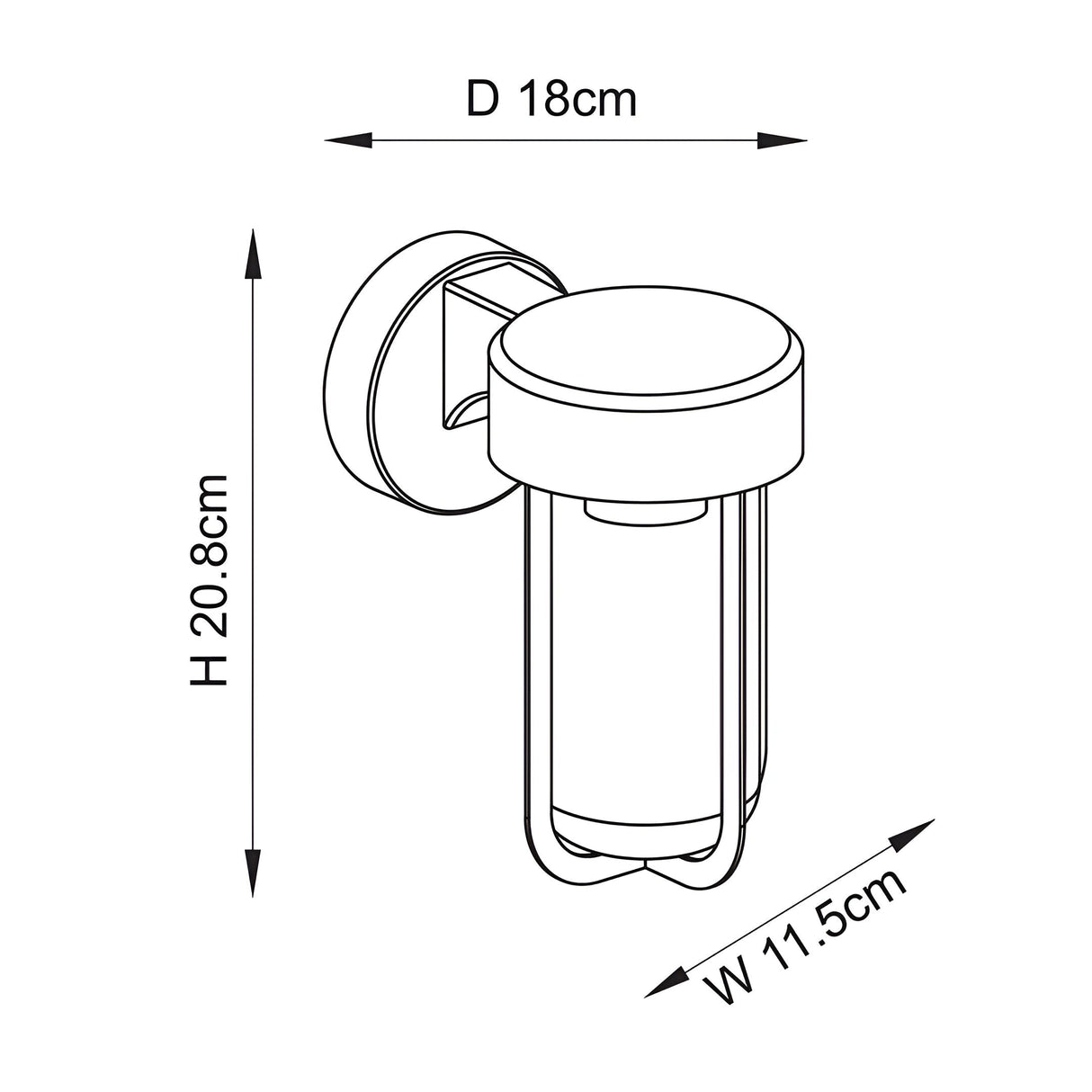 Caldwell Wall Light in matt black die-cast aluminium with clear glass shade and cage frame, line drawing showing 20.8cm height, 18cm depth, 11.5cm width.