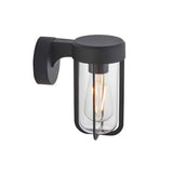 Caldwell Wall Light in matt black die-cast aluminium with a clear glass shade exposing an E27 bulb, shown on a plain white background.