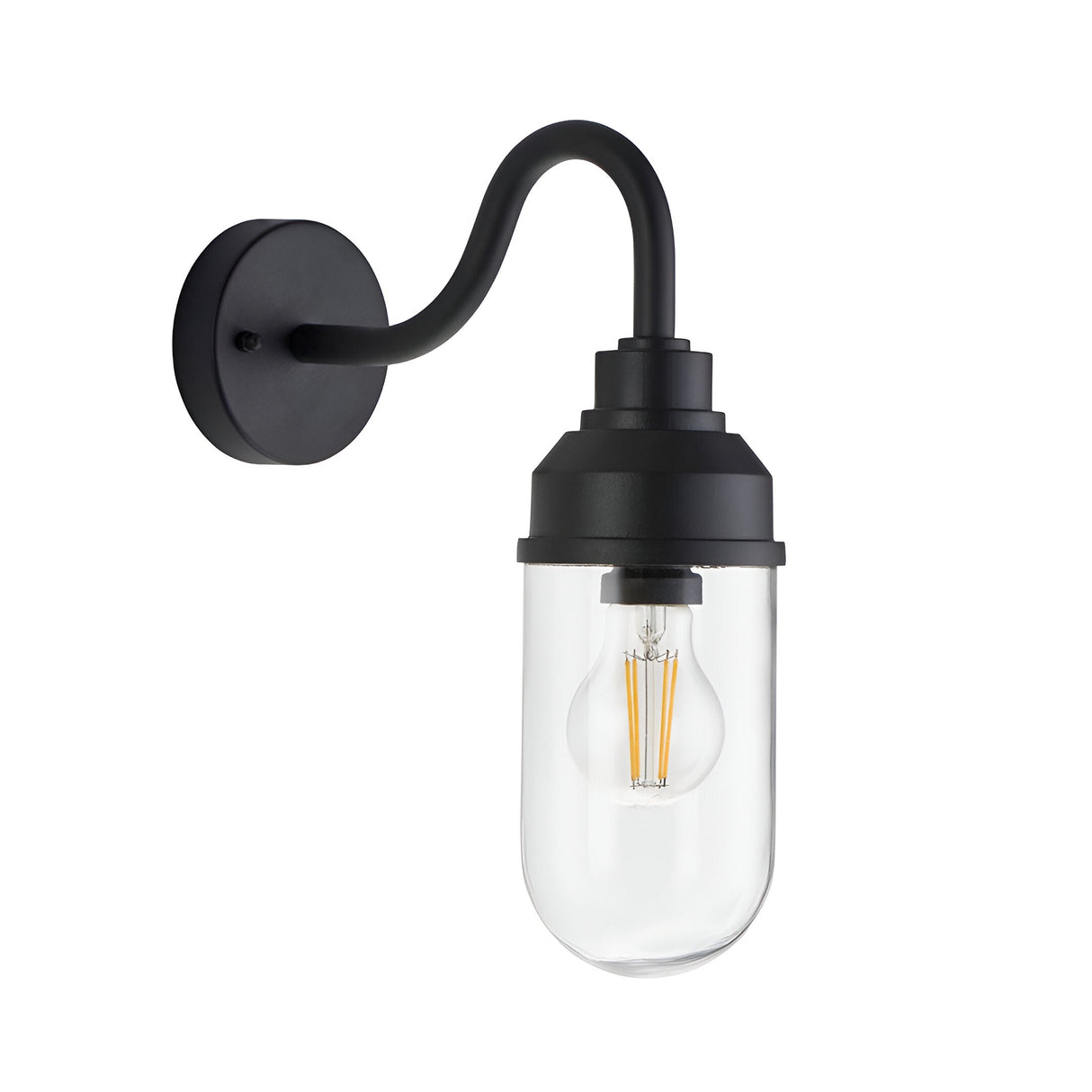 Endon Cranworth IP44 wall light in matt black die-cast aluminium with curved arm and clear glass shade housing an E27 filament bulb, on white.