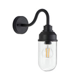 Endon Cranworth IP44 wall light in matt black die-cast aluminium with curved arm and clear glass shade housing an E27 filament bulb, on white.