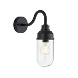 Endon Cranworth wall light in matt black die-cast aluminium with a curved arm and clear glass shade housing an E27 filament bulb, on a white background.