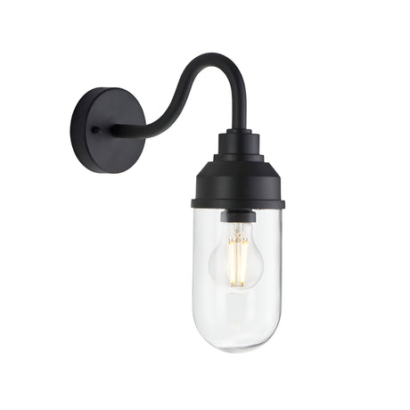 Endon Cranworth wall light in matt black die-cast aluminium with a curved arm and clear glass shade housing an E27 filament bulb, on a white background.