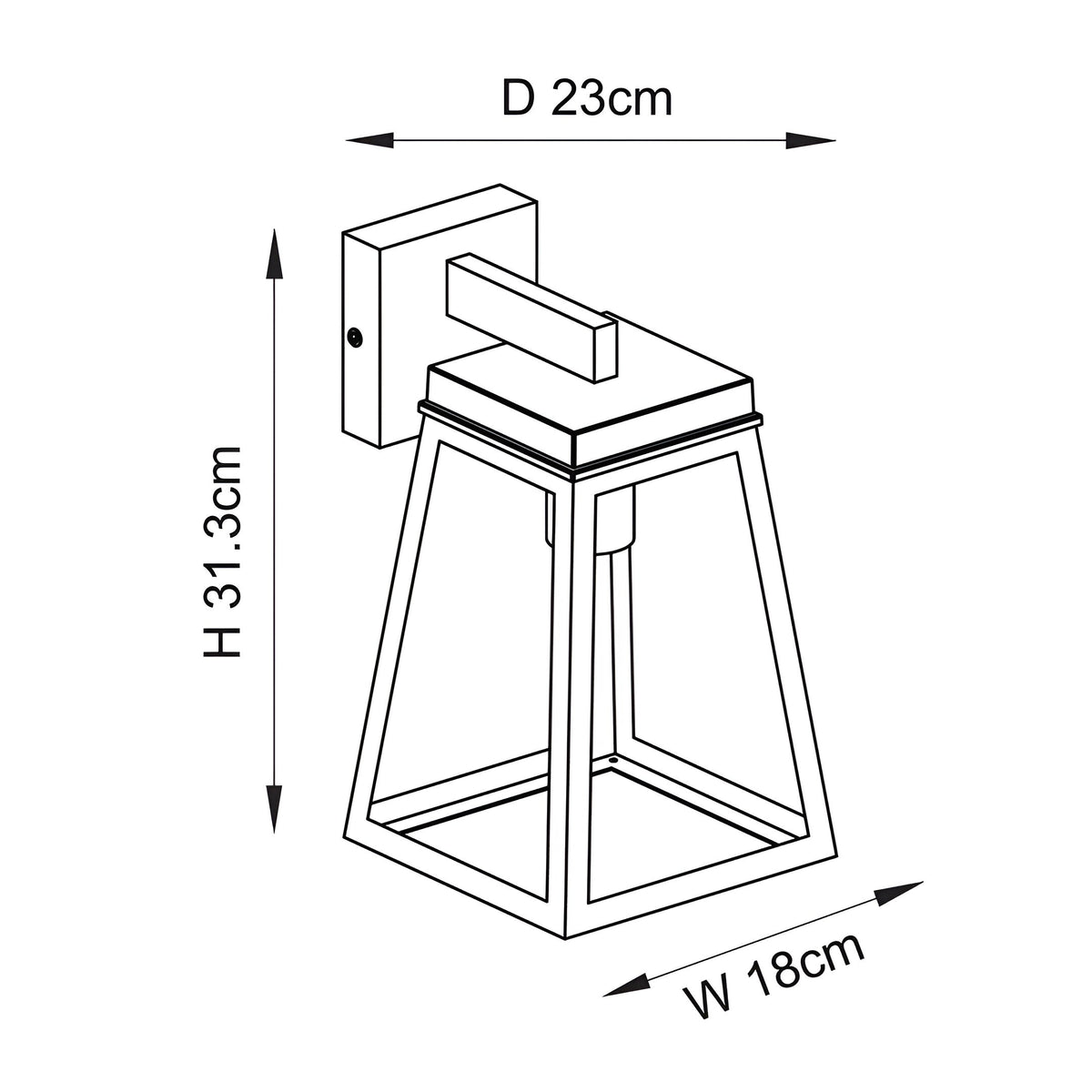 Line drawing of the Caldwick Wall Light in black, a lantern-style fixture with clear glass panels, showing dimensions H31.3cm, W18cm, D23cm.
