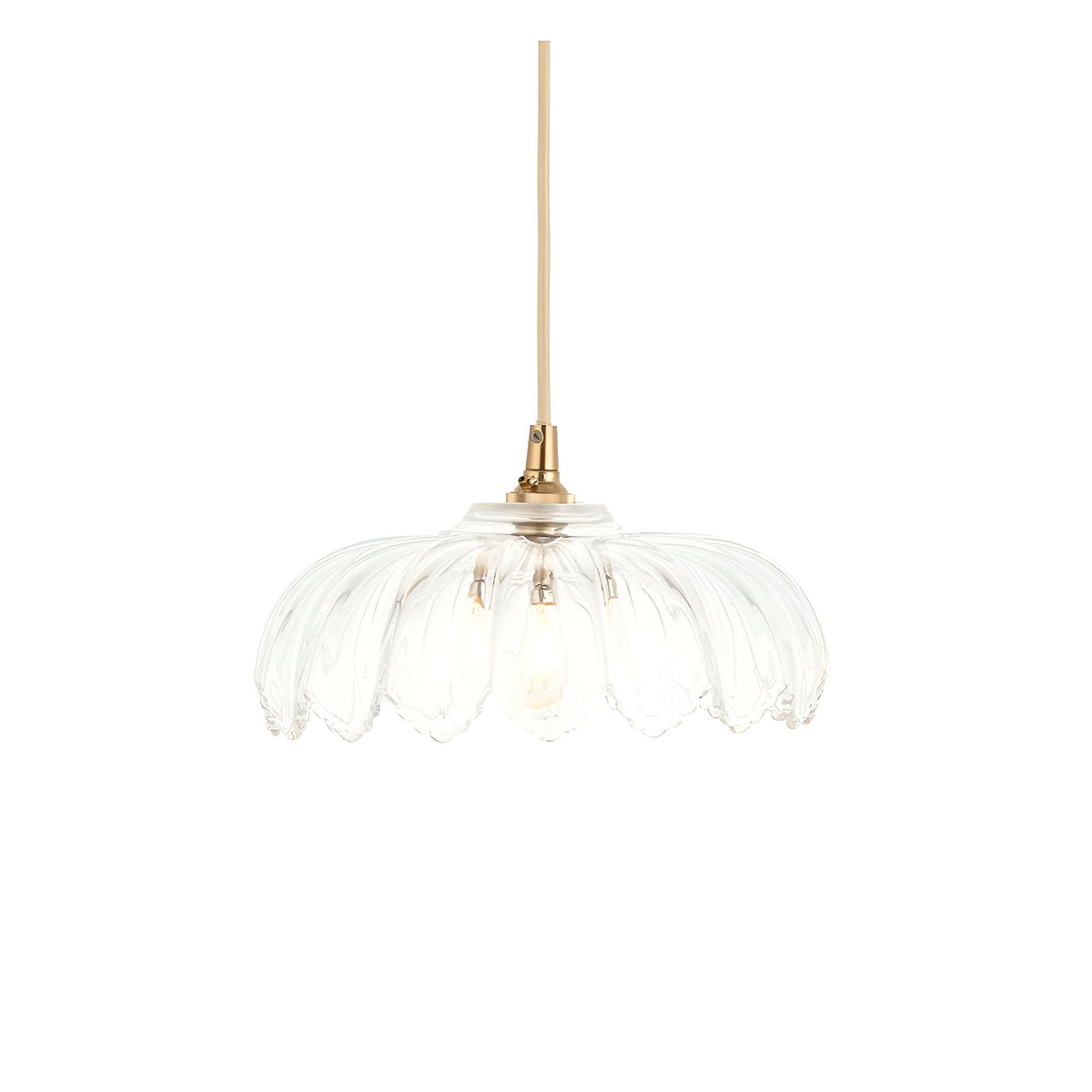 Ashwick clear glass pendant shade with scalloped edge and brass fitting, shown on a plain white background.
