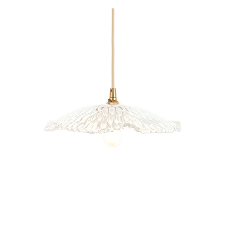 Endon Castshaw pendant light with rippled clear glass shade in a wide, shallow shell-like shape, brass fitting and cream flex, on a white background.