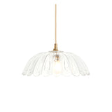 Endon Bevcombe pendant light with a clear scalloped domed glass shade and brass lamp holder on a beige cable, shown against a plain white background.
