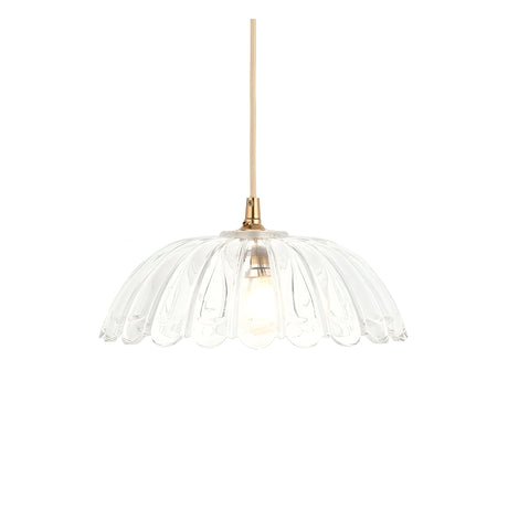Endon Bevcombe pendant light with a clear scalloped domed glass shade and brass lamp holder on a beige cable, shown against a plain white background.