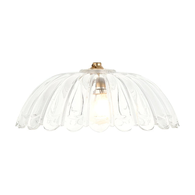 Endon Bevcombe pendant light with a clear scalloped domed glass shade and brass lamp holder on a beige cable, shown against a plain white background.