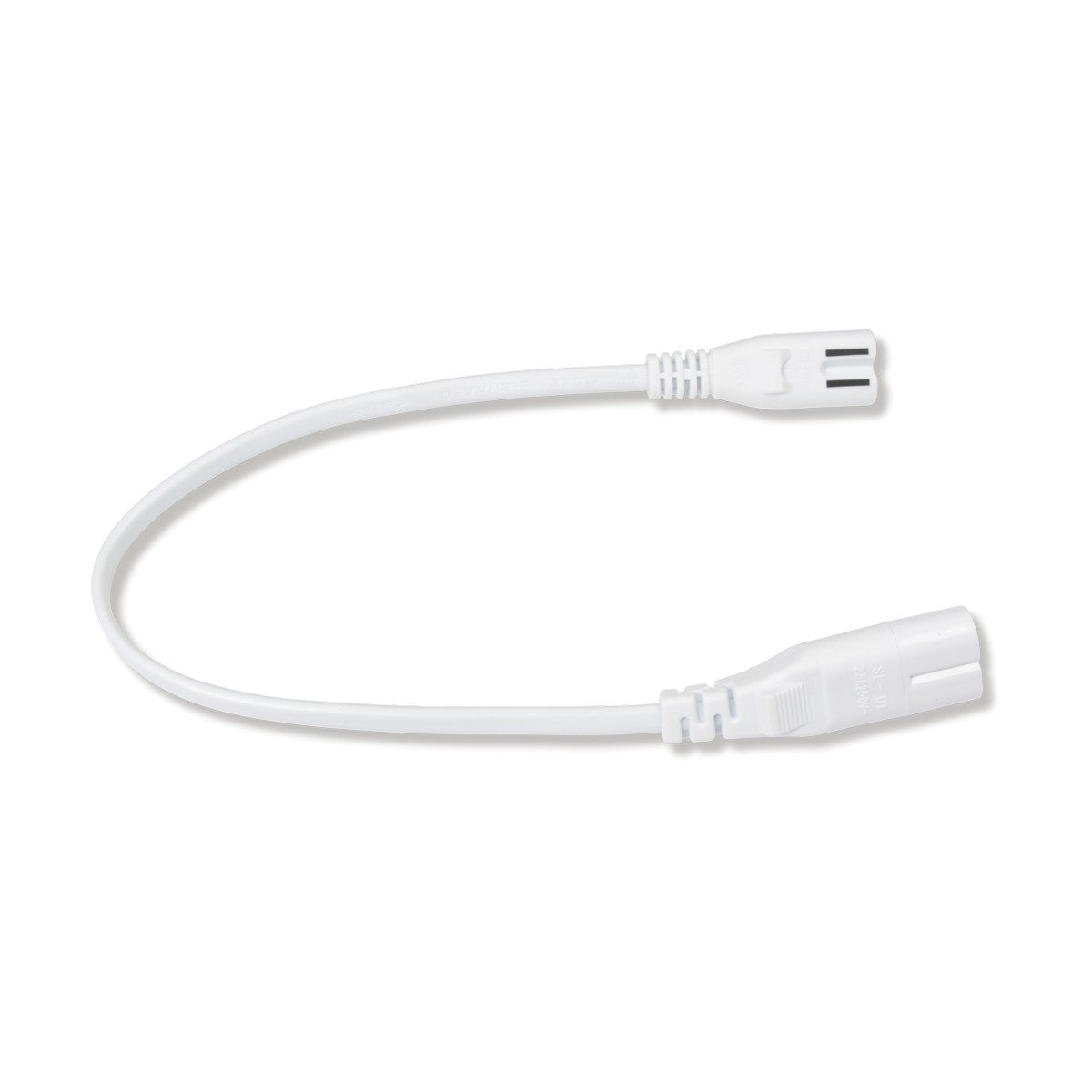 The Link Power Cord - 50cm is a white cable with a connector at each end. Designed for 230V 50Hz usage, it features a slightly curved shape and both connectors have grooved grips for improved handling, making it perfect for LED under cabinet fittings.