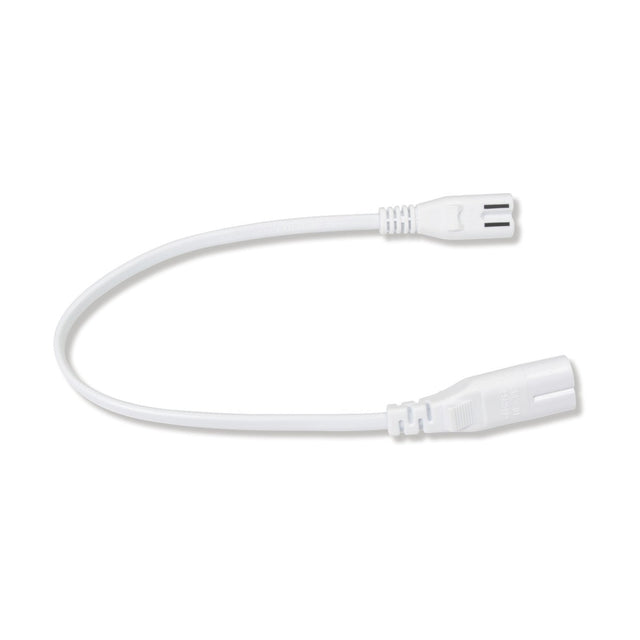 The Link Power Cord - 50cm is a white cable with a connector at each end. Designed for 230V 50Hz usage, it features a slightly curved shape and both connectors have grooved grips for improved handling, making it perfect for LED under cabinet fittings.