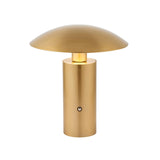 Cranbourne LED Table Lamp in brushed brass with a mushroom-style dome shade, cylindrical base and touch dimmer button, shown on a plain white background.