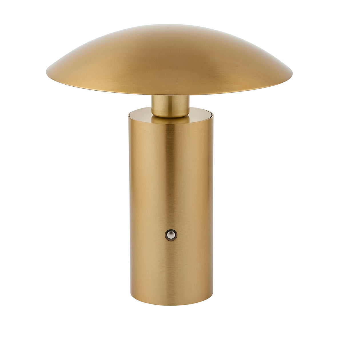 Cranbourne LED Table Lamp in brushed brass with a mushroom-style dome shade, cylindrical base and touch dimmer button, shown on a plain white background.