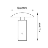 Line drawing of the Cranbourne LED Table Lamp showing a mushroom-dome shade on a rectangular base, with dimensions Dia 20cm and H 22.5cm.
