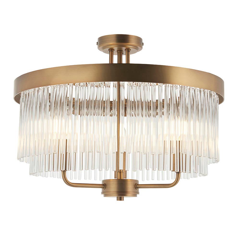 Endon Chatsworth 3 light semi-flush ceiling light in antique brass with tiered glass rod shades below a circular ceiling plate, on a white background.