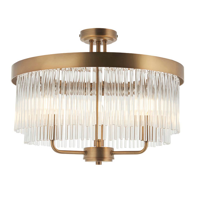 Endon Chatsworth 3 light semi-flush ceiling light in antique brass with tiered glass rod shades below a circular ceiling plate, on a white background.